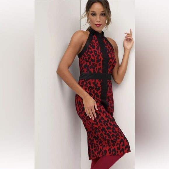 NEW NY&C Red Black Leopard Lace Trim Halter Dress Size M - Picture 12 of 12